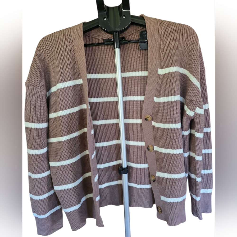 Lillusory Brown Striped Cardigan Sweater Neutral Cozy Button Front Size Small